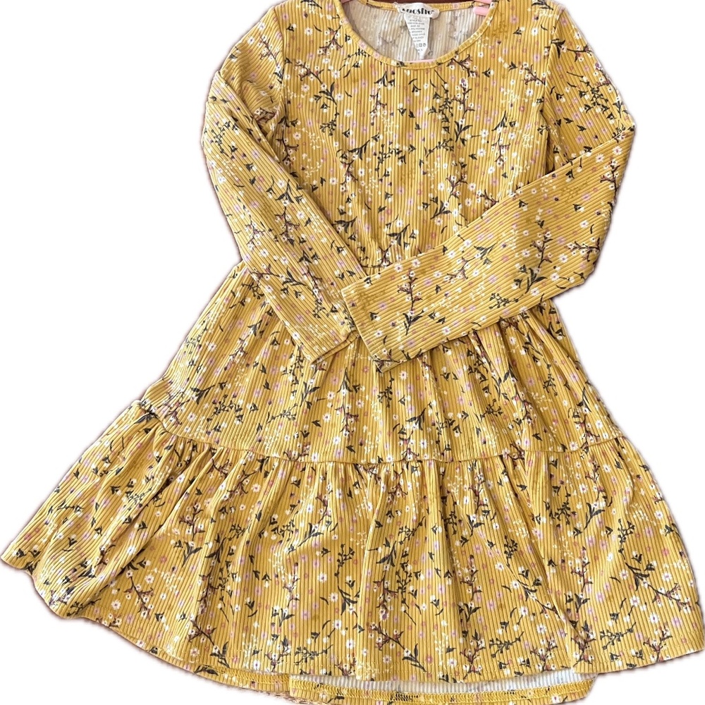 Boho Floral Print Round Neck  Long Sleeve Mustard Yellow Girls Dresses (Girls)